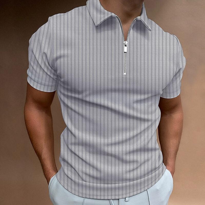 2022 spring/summer men's t-shirt striped zipper short sleeve men's elastic polo shirt top solid color