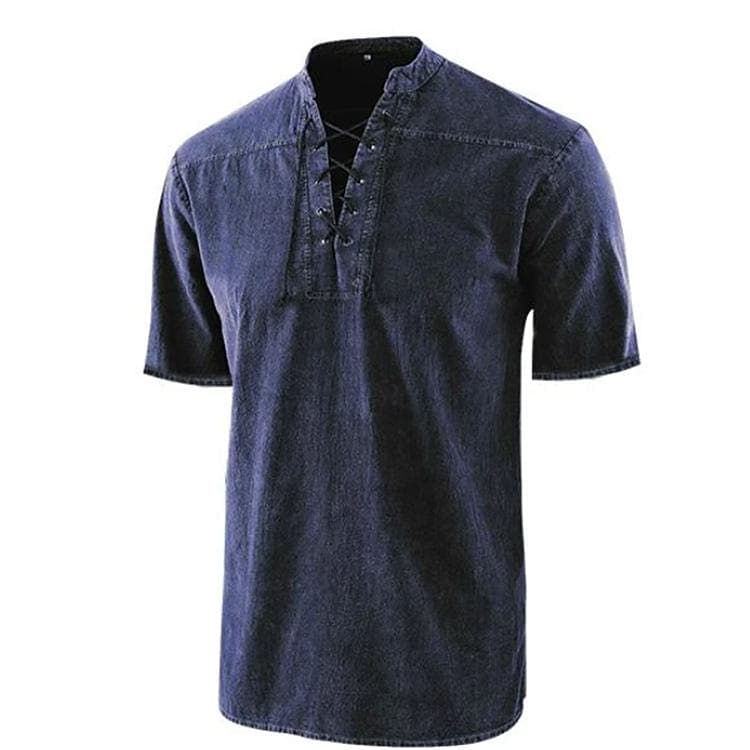 europe and america amazon men's new solid color retro lace-up collar casual short sleeve shirt