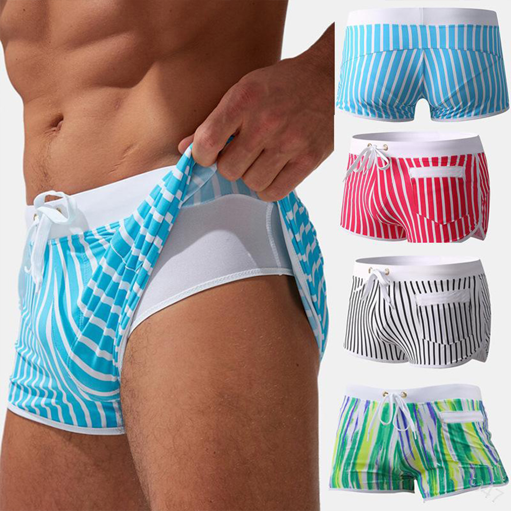 Men's double-layer anti-slip vertical stripe quick dry swimming trunks