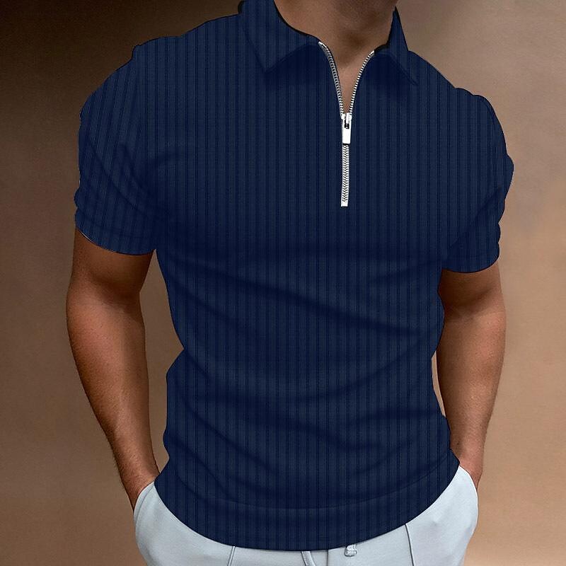2022 spring/summer men's t-shirt striped zipper short sleeve men's elastic polo shirt top solid color