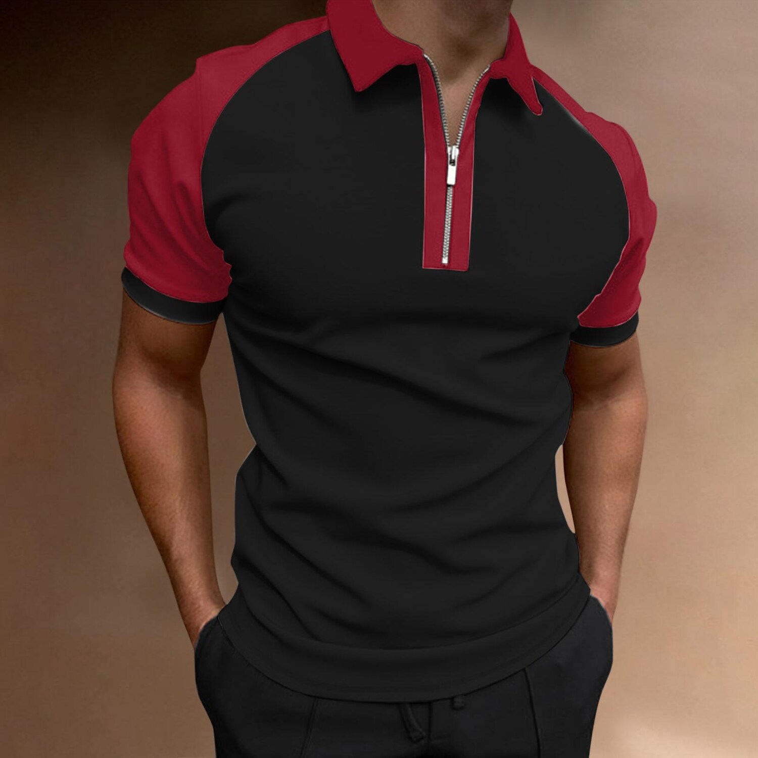 cross-border european and american spring and summer amazon color matching new polo shirt zipper men's raglan sleeve t-shirt top