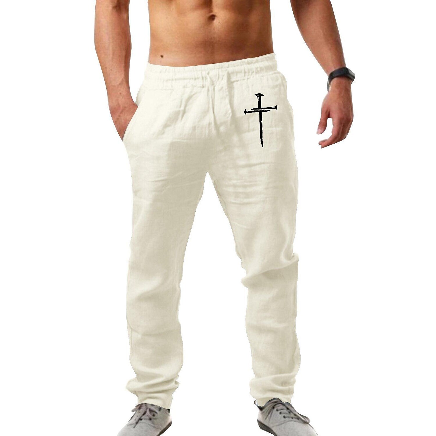 Men's hip-hop breathable cotton linen loose casual sports trousers