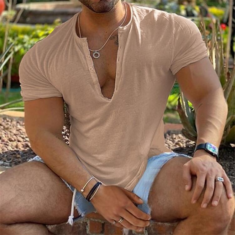 Men's Solid Color Loose Casual V-Neck Youth T-Shirt