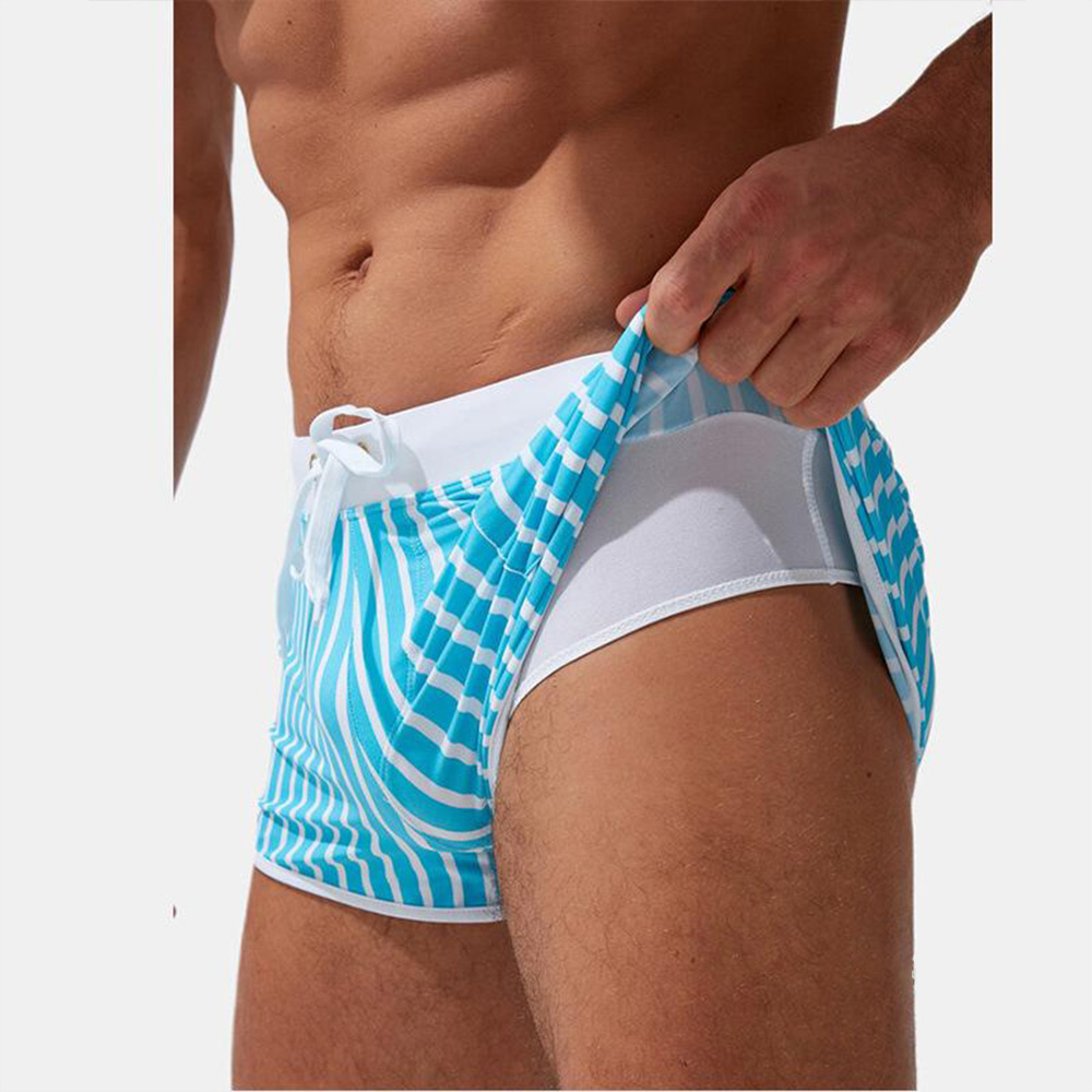 Men's double-layer anti-slip vertical stripe quick dry swimming trunks