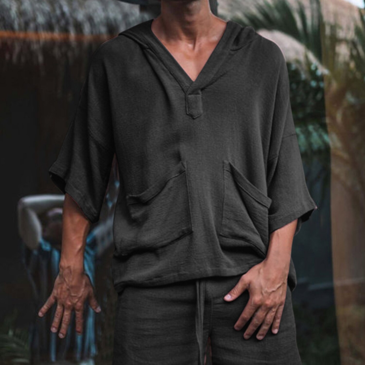 Men's Casual Shirt Solid Color Hooded Daily Half Sleeve Tops Cotton Retro White Black Gray / Summer