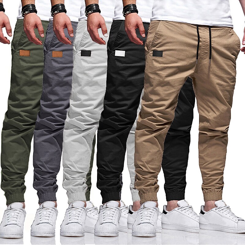 Men's Stylish Simple Jogger Pants Trousers Elastic Waistband Drawstring Pants Solid Color Cotton Mid Waist ArmyGreen Black Yellow Khaki Light gray S M L XL XXL