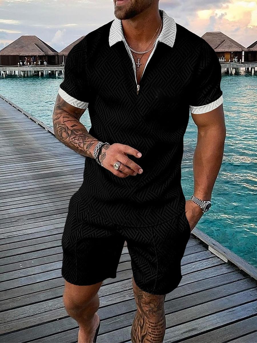 Men's Casual Color Contrast Polo Zipper Lapel Shirt Short-sleeved Suit
