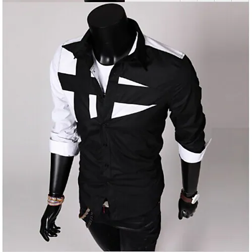 Men's shirt color block patchwork long sleeves