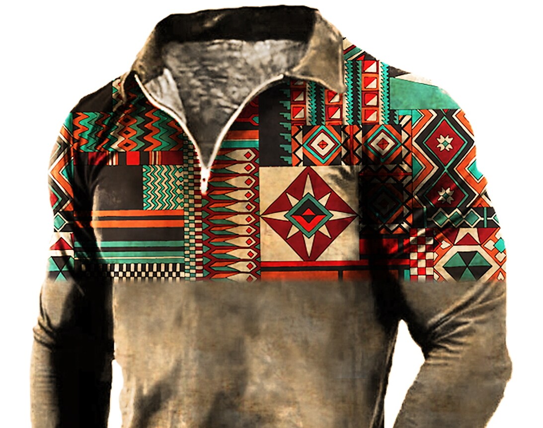 Men's Vintage Western Print Polo Collar Long Sleeve T-Shirt