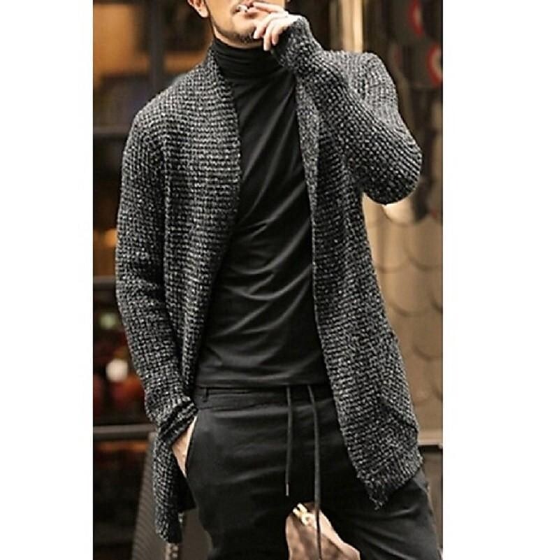Men's long-sleeved mixed color knitted pocket cardigan trench coat sweater