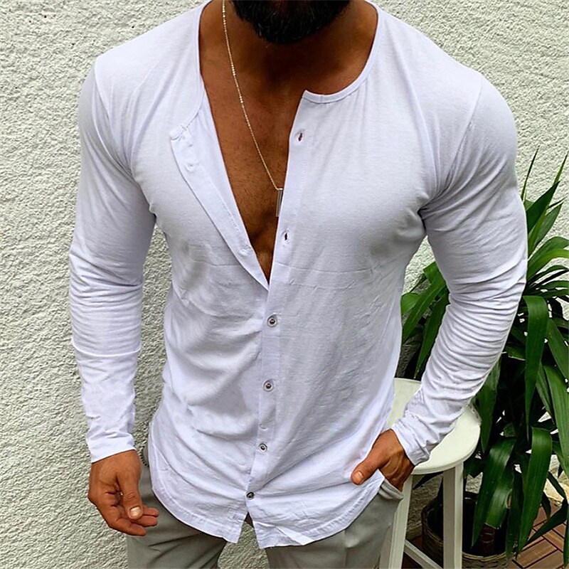 Men's Shirt Solid Color Crew Neck Street Casual Button-Down Long Sleeve Tops Casual Fashion Comfortable White Black Fuchsia Summer Shirts Muscle Shirts for Men