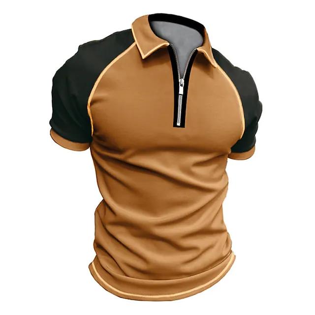 Men's Golf Shirt Color Block Turndown Street Casual Zipper Short Sleeve Tops Casual Fashion Comfortable Brown