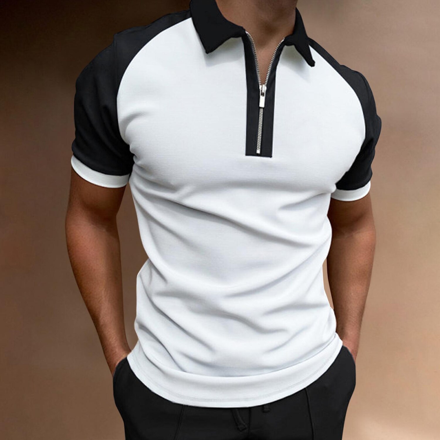 cross-border european and american spring and summer amazon color matching new polo shirt zipper men's raglan sleeve t-shirt top