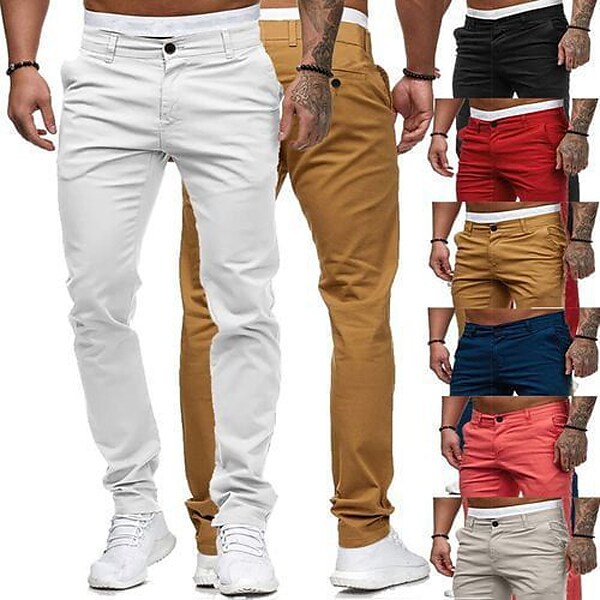 Men's Stylish Classic Style Straight Pants Chinos with Side Pocket Button Front Ankle-Length Pants Home Daily Micro-elastic Solid Colored Cotton Breathable Soft Mid Waist Slim White Black Pink Yellow