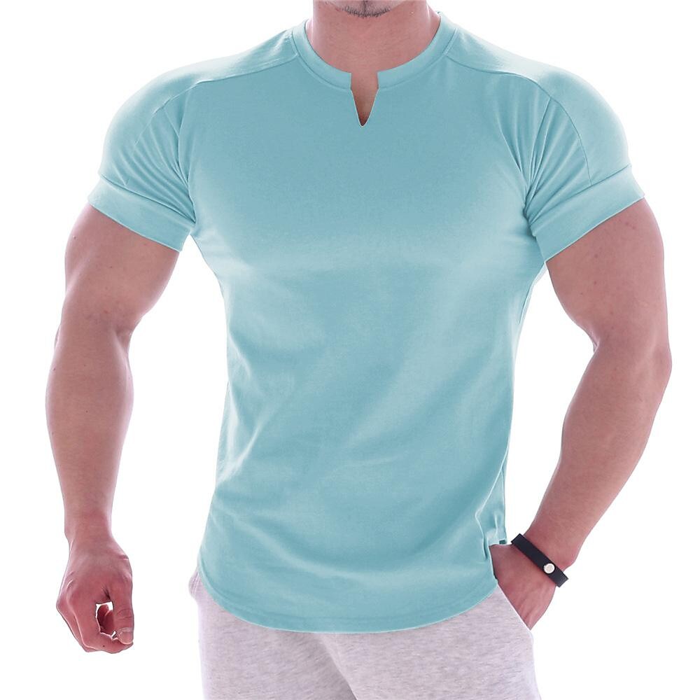muscle fitness dog solid color no logo v-neck cotton short-sleeved men's round neck running casual basketball loose slim t-shirt