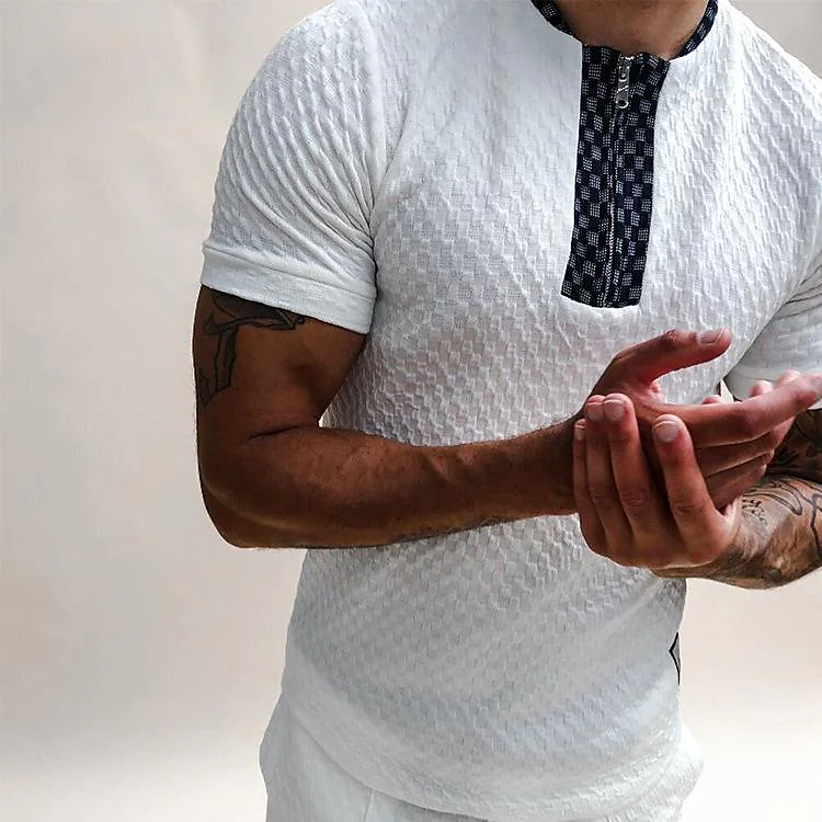 summer european and american foreign trade men's clothing black zipper polo shirt knitted jacquard men's white short-sleeved top
