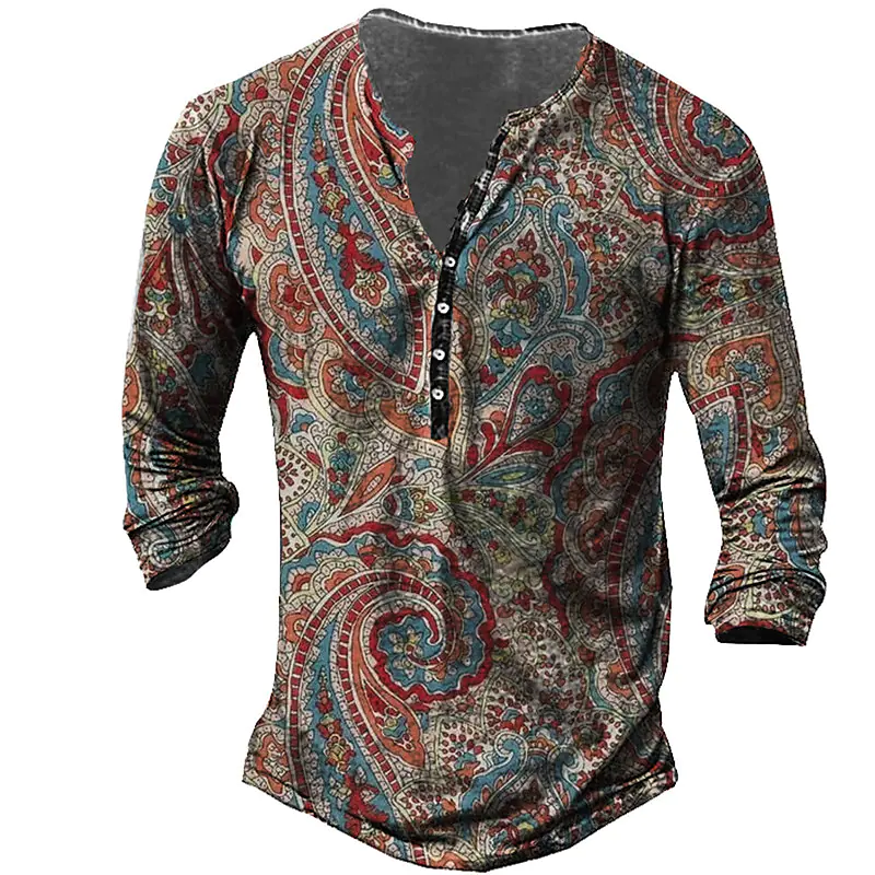 Men's T shirt Tee Henley Shirt Tee Graphic Tribal Henley Blue Yellow Red Long Sleeve 3D Print Plus Size Outdoor Daily Button-Down Print Tops Basic Designer Classic Comfortable / Sports
