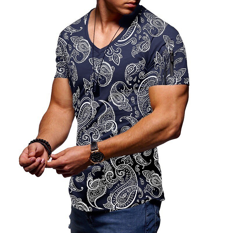 Men's T shirt Tee Graphic V Neck Casual Work Tops Cool Muscle White Black Blue