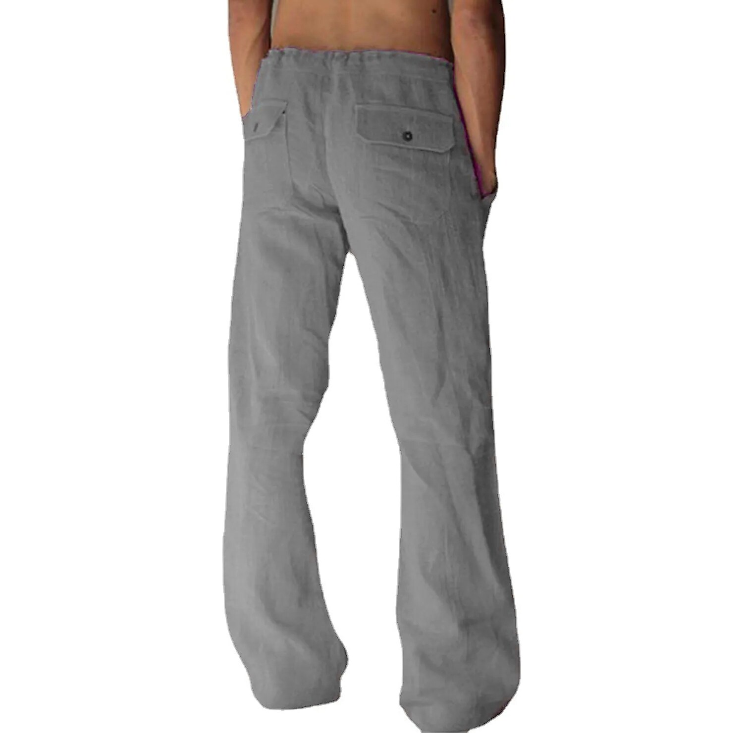 Men's  Summer  Beach Pocket Drawstring Elastic Waist Plain Linen Pants