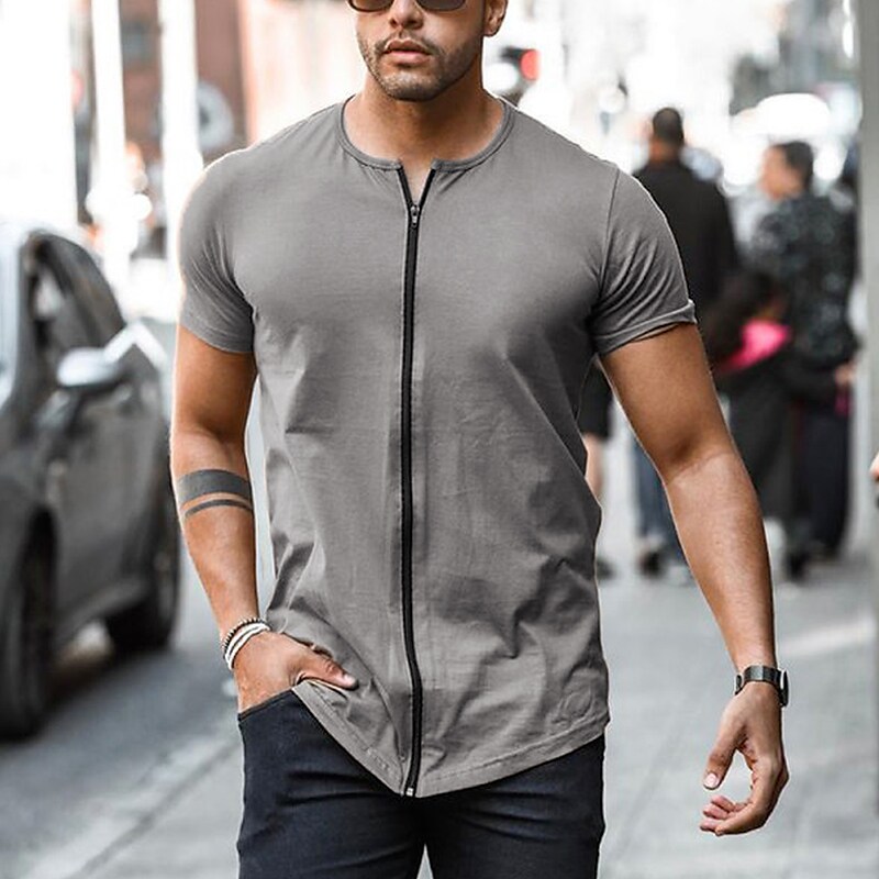 Men's T shirt Tee Solid Color Crew Neck Casual Holiday Tops Cool Muscle Black Khaki Light gray