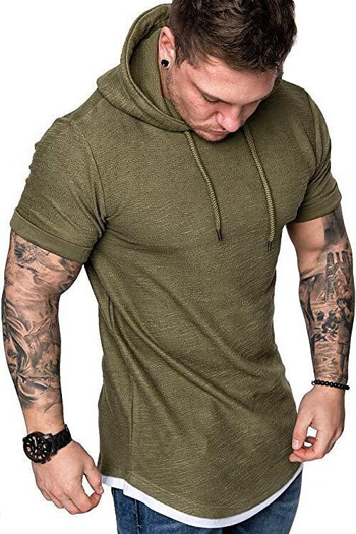 Summer men's casual fashion solid color hooded short sleeve t-shirt