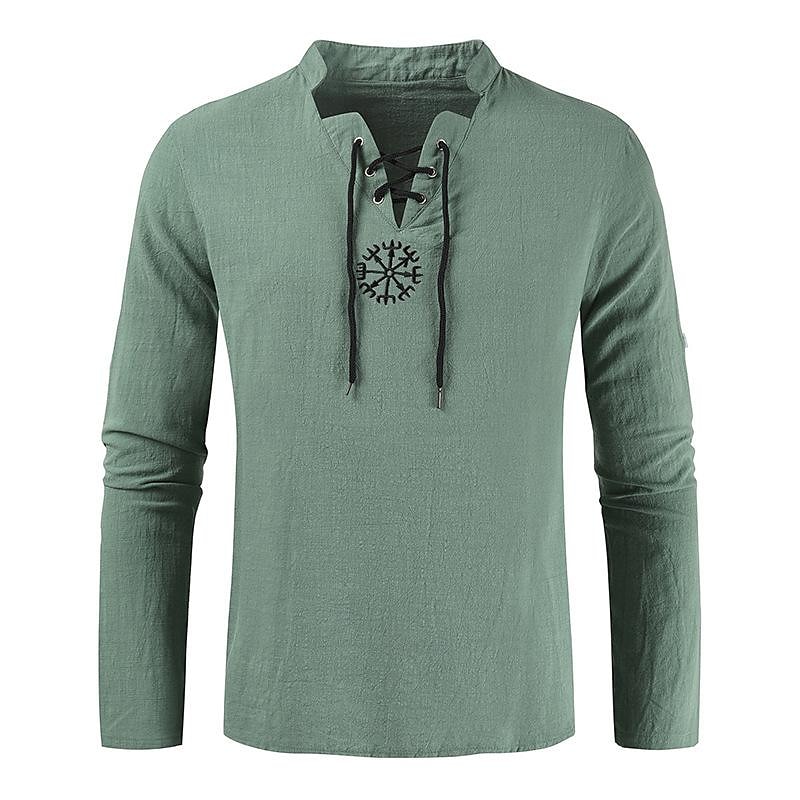 20212021 cross-border wish cross-border cotton and linen fashion embroidered long-sleeved stand-up collar shirt t-shirt men's sleeves long-sleeved t-shirt