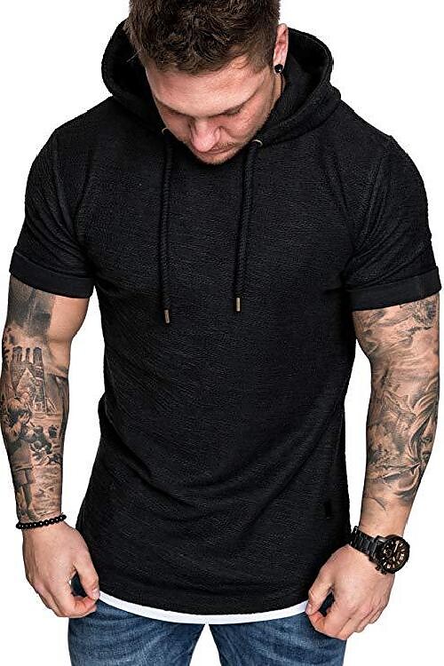 Summer men's casual fashion solid color hooded short sleeve t-shirt
