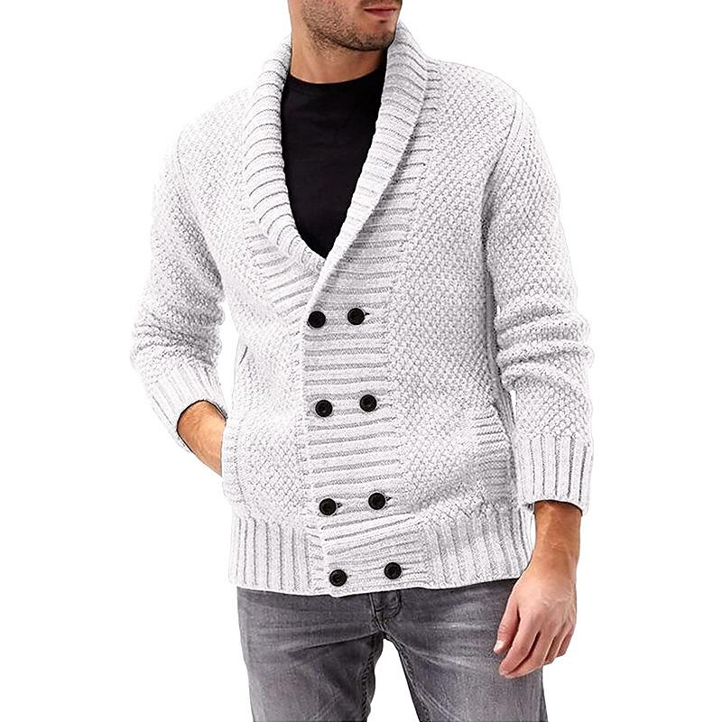 Men's solid color lapel double breasted long sleeve knit jacket 