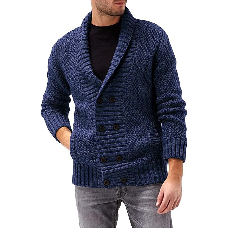 Men's solid color lapel double breasted long sleeve knit jacket 