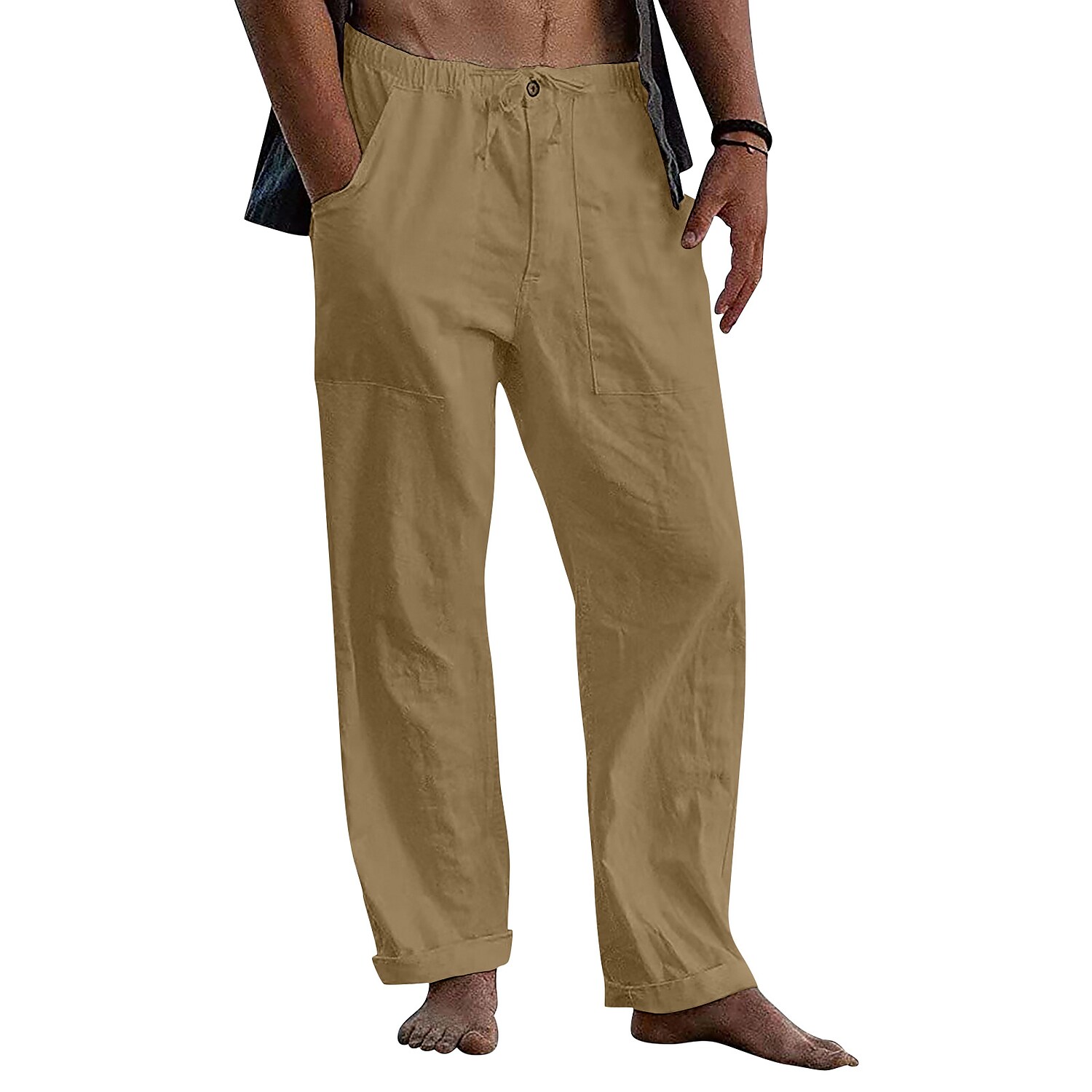 Men's Casual Straight Trousers Beach Pants Pocket Elastic Drawstring Design Pants Daily Beach Solid Color Comfort Breathable Mid Waist Azure turmeric Green White Black S M L XL XXL / Elasticity