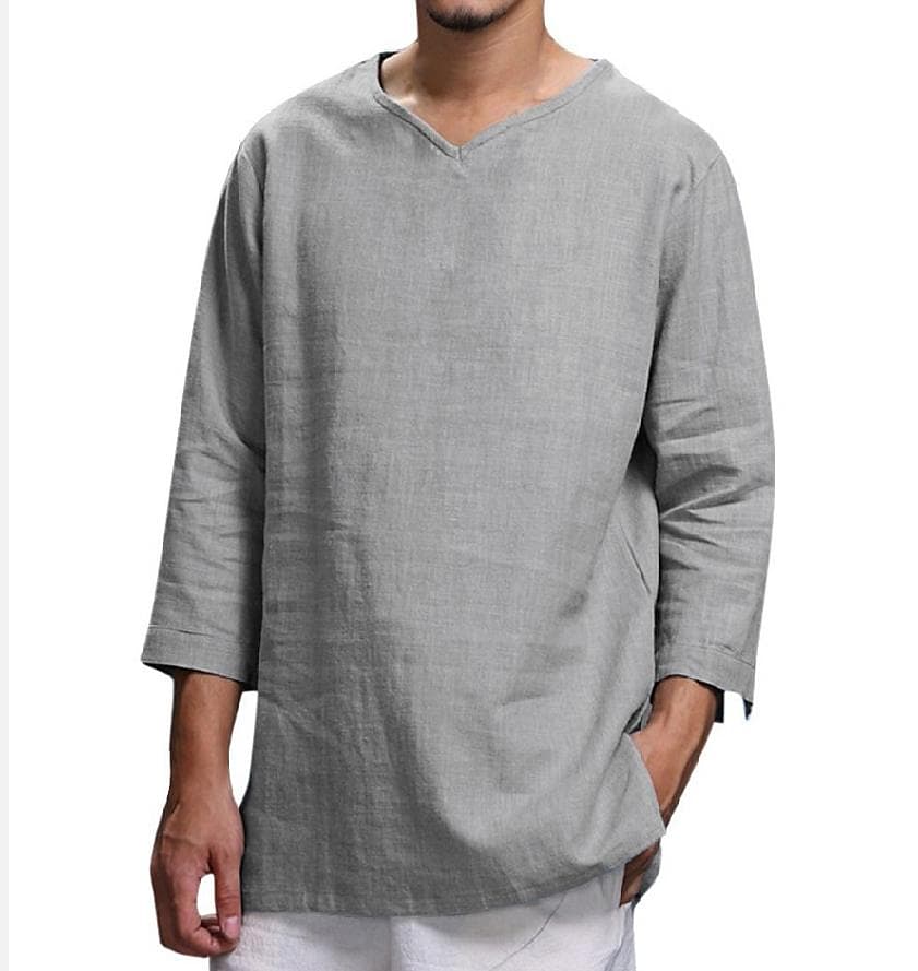 V-neck cotton and linen loose shirt