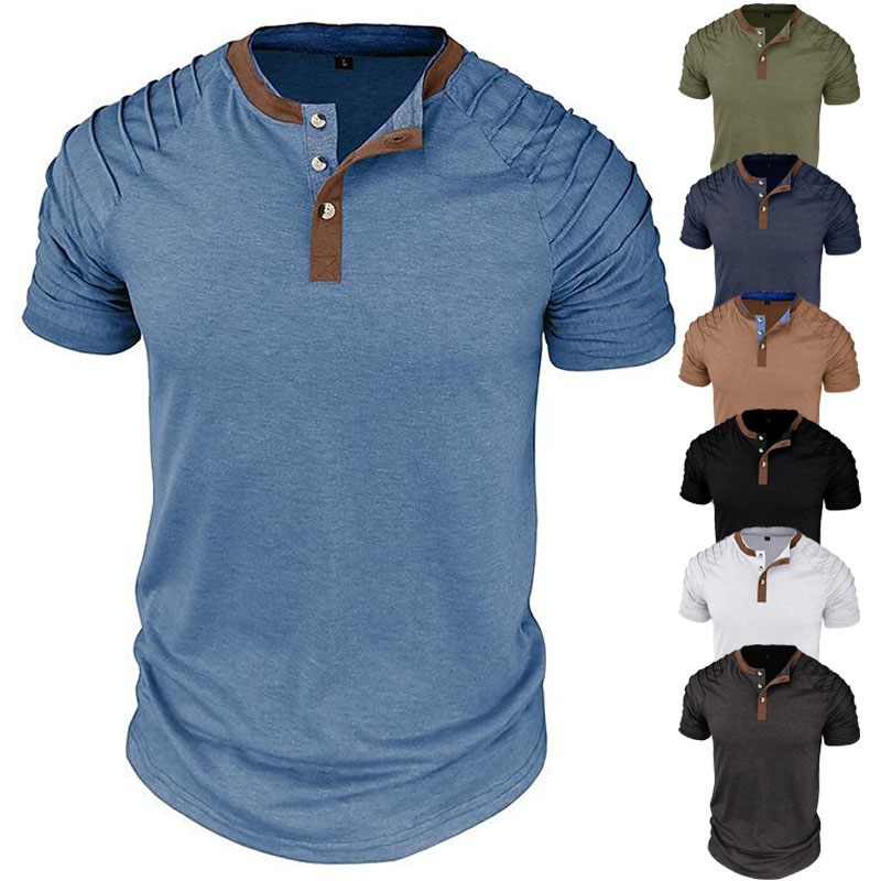 2023 Men's Color Matching Short Sleeved Henley Shirt
