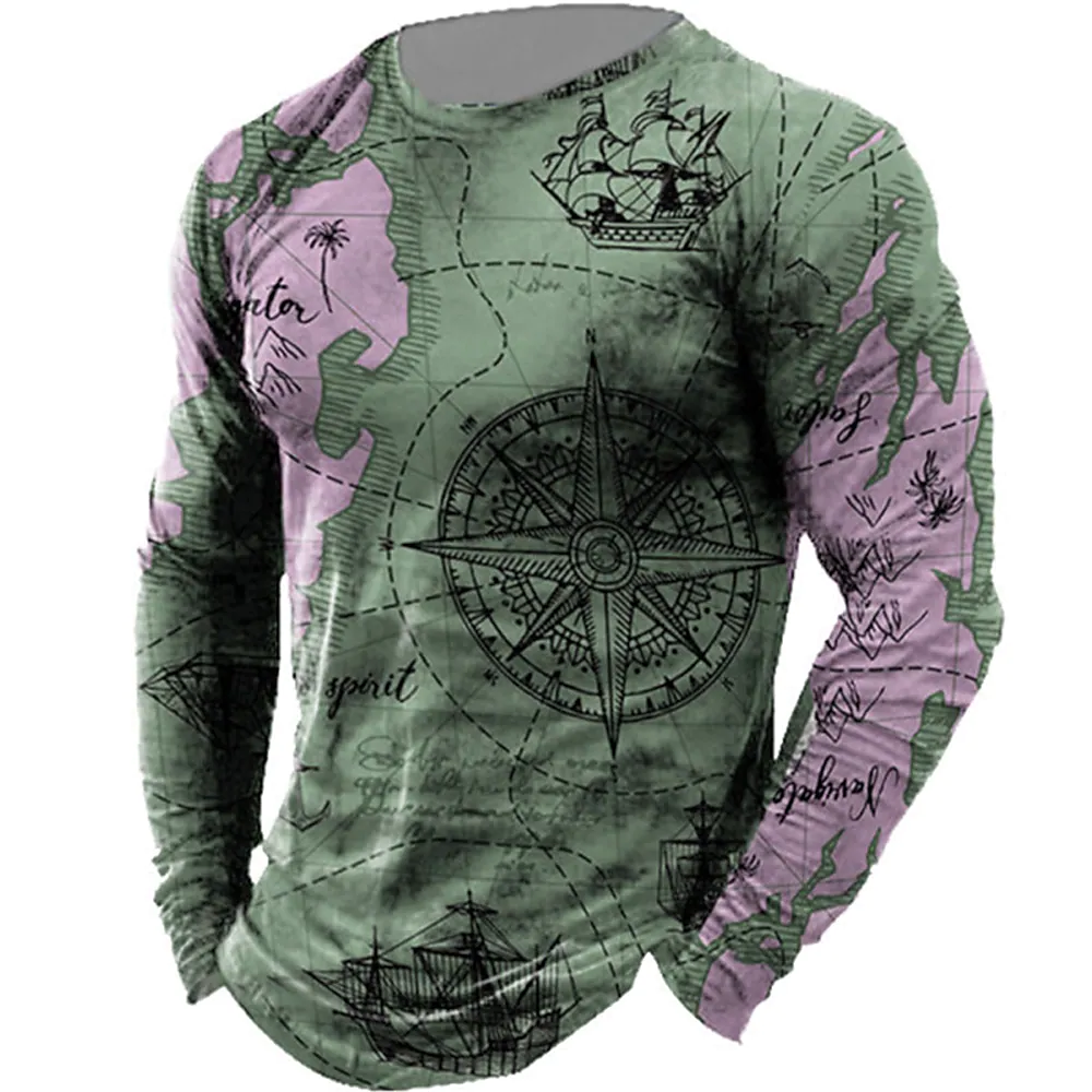 Men's Unisex T shirt Tee 3D Print Map Graphic Prints Crew Neck Daily Holiday Print Long Sleeve Tops Designer Casual Big and Tall Green Blue Purple