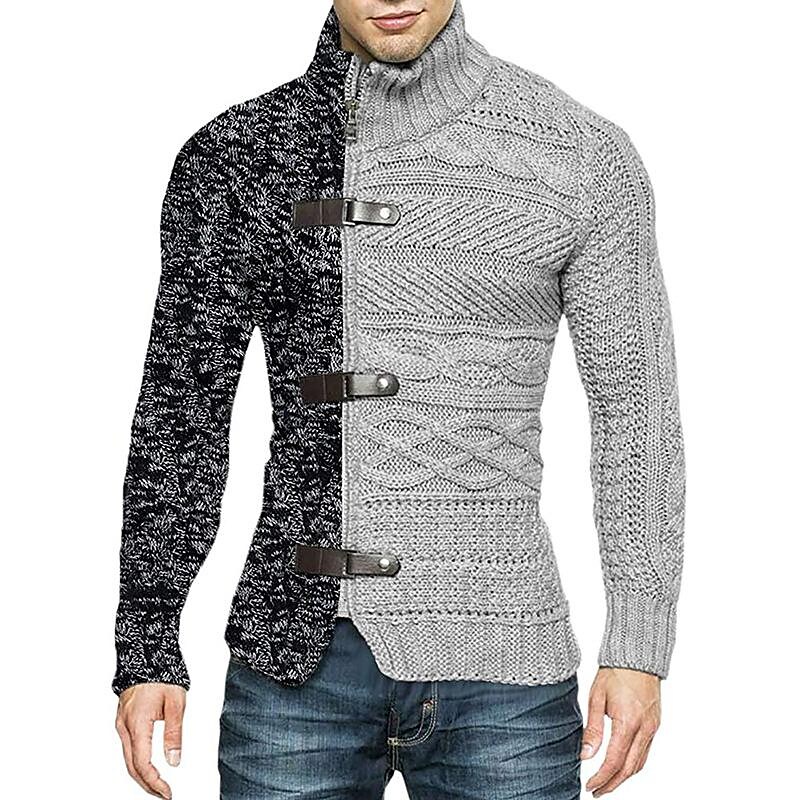  turtleneck sweater men's colorblock leather button long sleeve knit cardigan 