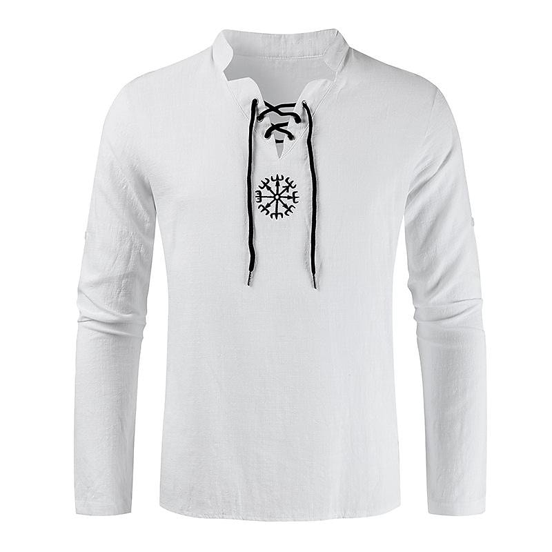 20212021 cross-border wish cross-border cotton and linen fashion embroidered long-sleeved stand-up collar shirt t-shirt men's sleeves long-sleeved t-shirt