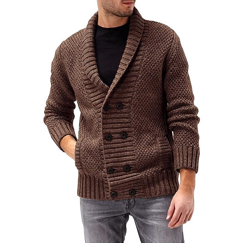 Men's solid color lapel double breasted long sleeve knit jacket 