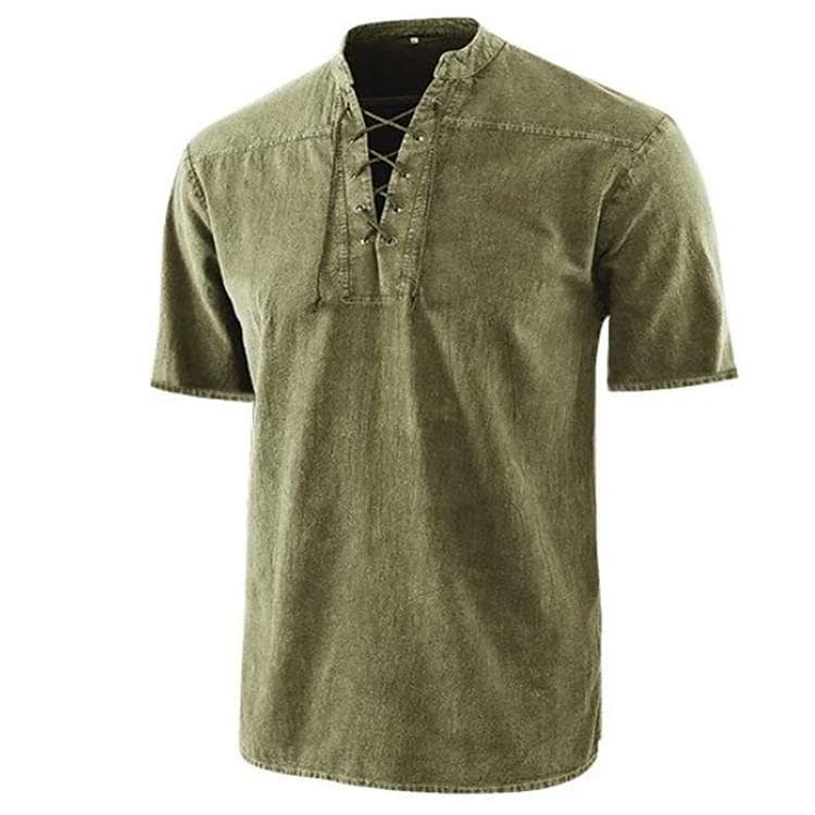 europe and america amazon men's new solid color retro lace-up collar casual short sleeve shirt