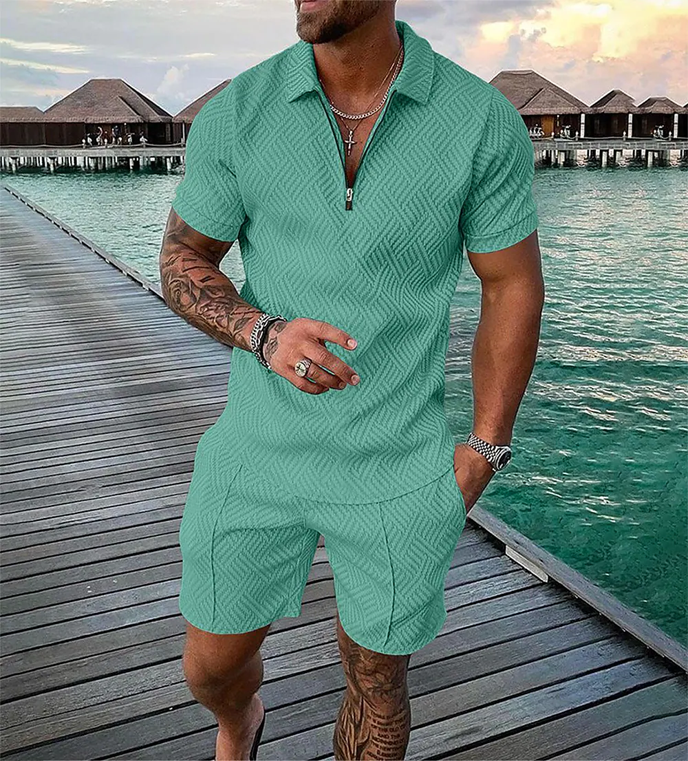 Men's Casual Color Contrast Polo Zipper Lapel Shirt Short-sleeved Suit