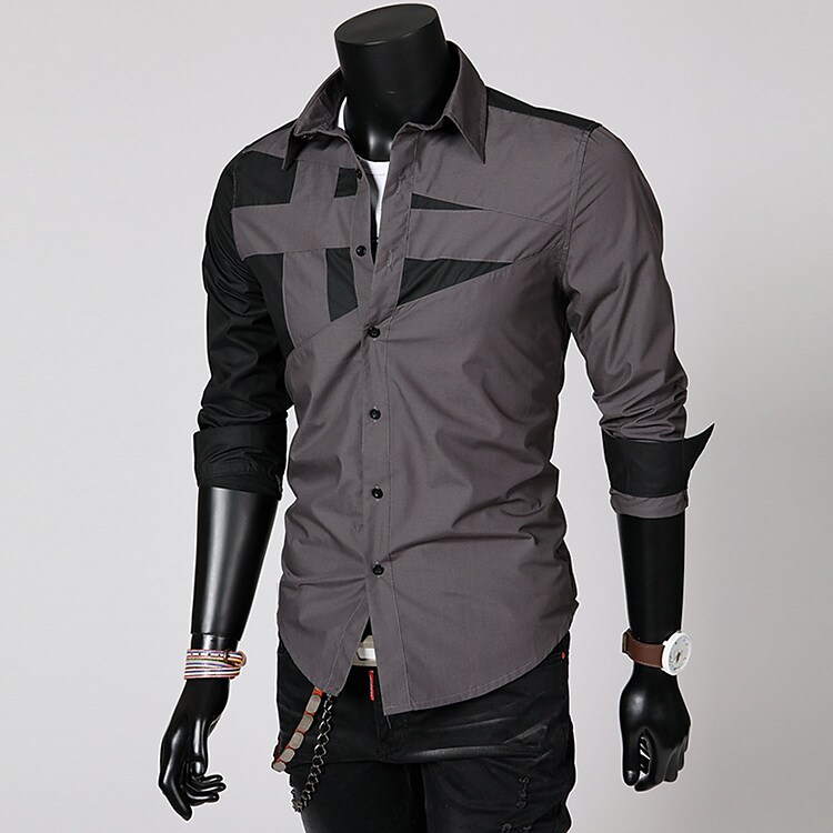 Men's shirt color block patchwork long sleeves
