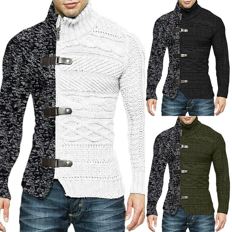  turtleneck sweater men's colorblock leather button long sleeve knit cardigan 
