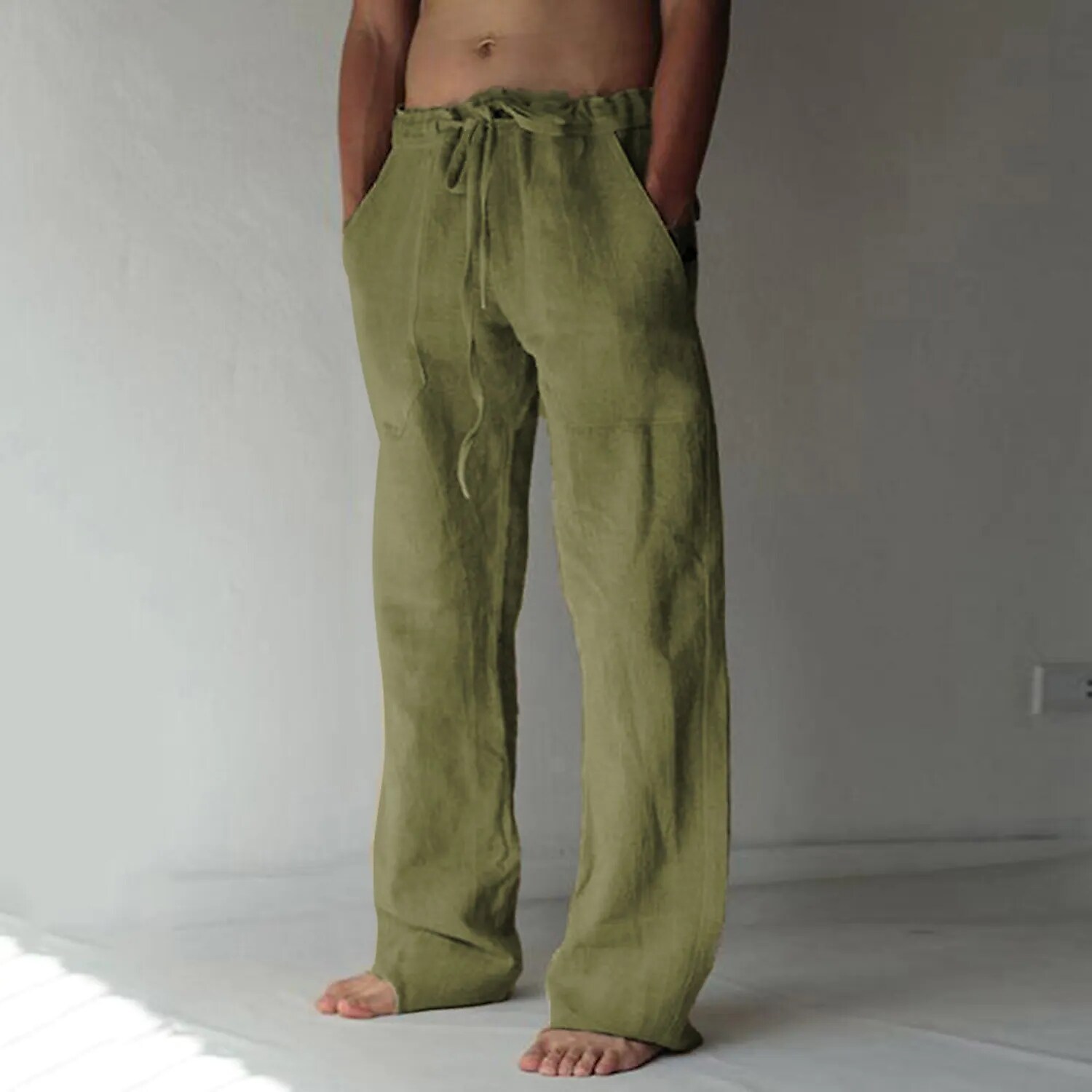 Men's  Summer  Beach Pocket Drawstring Elastic Waist Plain Linen Pants
