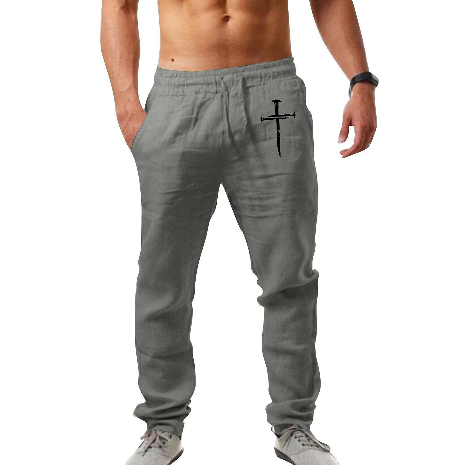 Men's hip-hop breathable cotton linen loose casual sports trousers