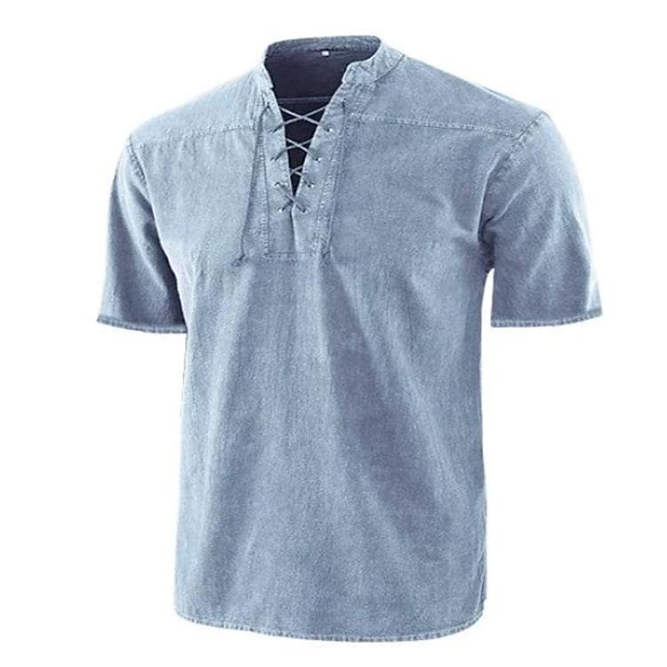 europe and america amazon men's new solid color retro lace-up collar casual short sleeve shirt