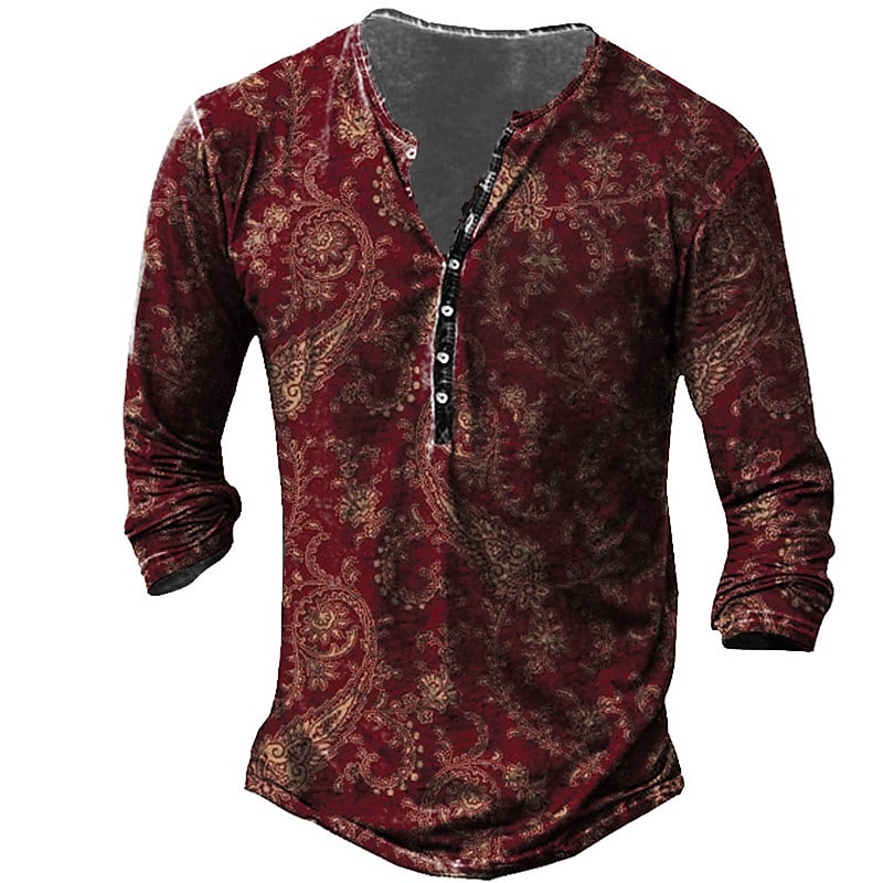 Men's T shirt Tee Henley Shirt Tee Graphic Floral Henley Red Long Sleeve 3D Print Plus Size Outdoor Daily Button-Down Print Tops Basic Designer Classic Comfortable / Sports