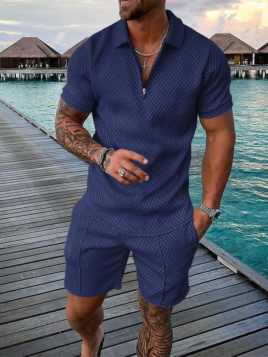 Men's Casual Color Contrast Polo Zipper Lapel Shirt Short-sleeved Suit