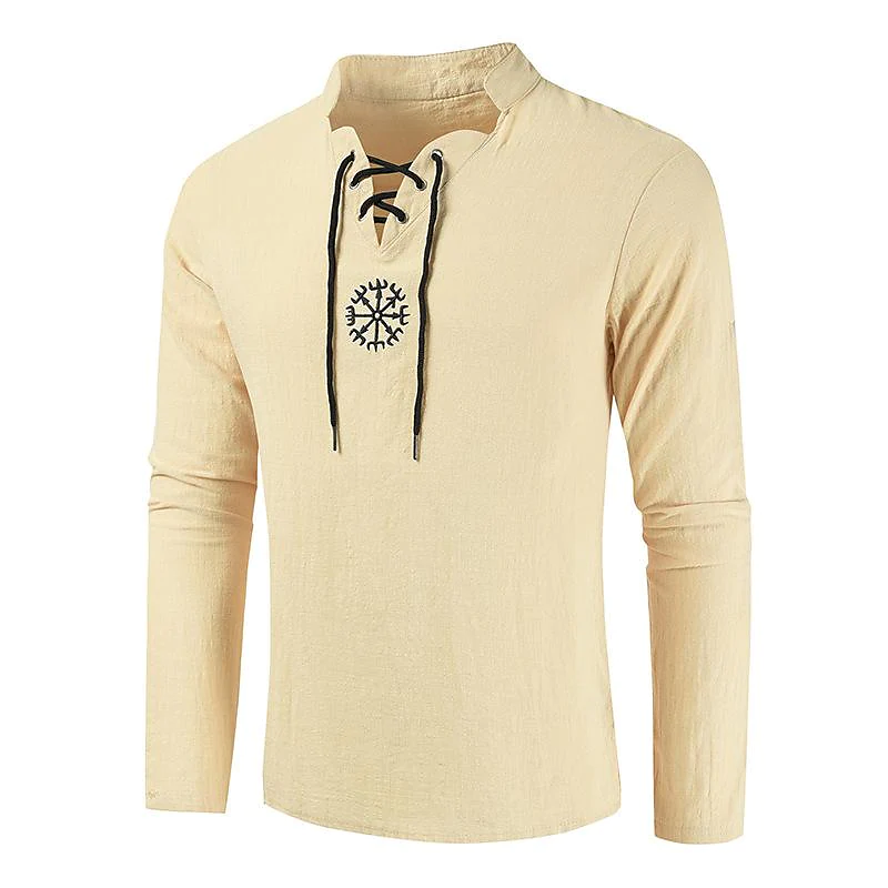 20212021 cross-border wish cross-border cotton and linen fashion embroidered long-sleeved stand-up collar shirt t-shirt men's sleeves long-sleeved t-shirt