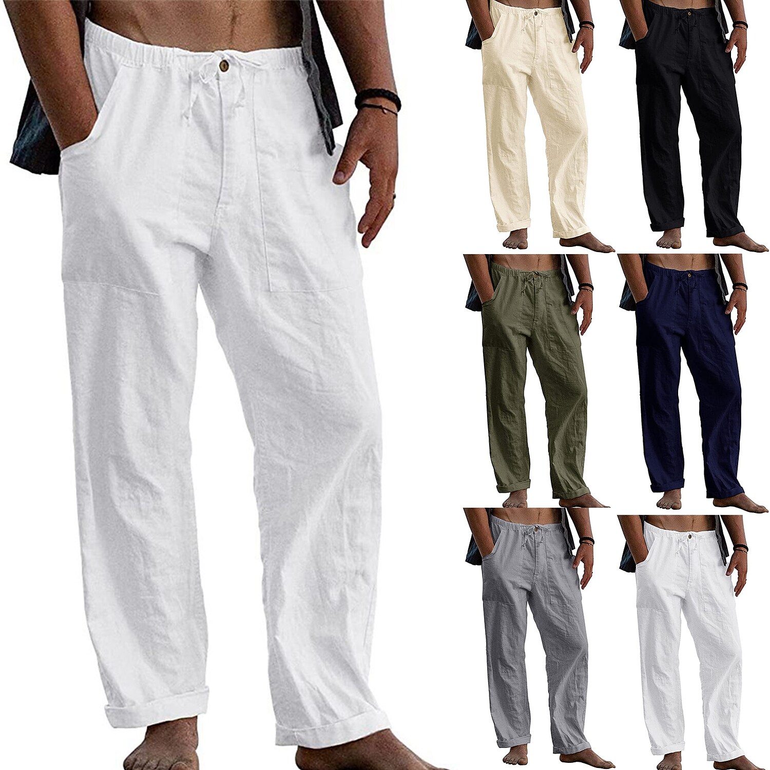 Men's Casual Straight Trousers Beach Pants Pocket Elastic Drawstring Design Pants Daily Beach Solid Color Comfort Breathable Mid Waist Azure turmeric Green White Black S M L XL XXL / Elasticity