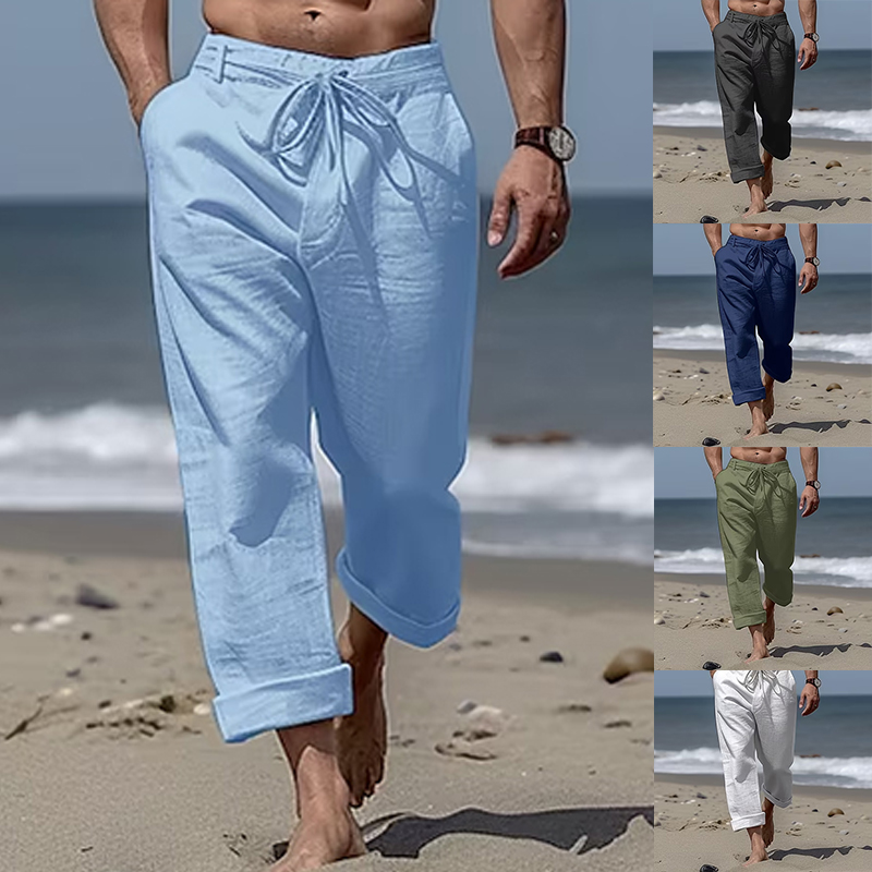 Men's Linen Pants Trousers Summer Pants Beach Pants Front Pocket Straight Leg Plain Comfort Breathable Casual Daily Holiday Linen / Cotton Blend Fashion Basic Black White