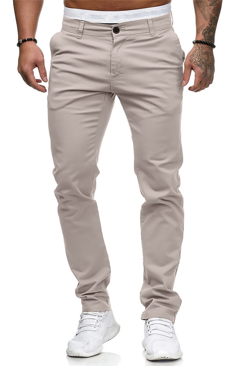Men's Stylish Classic Style Straight Pants Chinos with Side Pocket Button Front Ankle-Length Pants Home Daily Micro-elastic Solid Colored Cotton Breathable Soft Mid Waist Slim White Black Pink Yellow