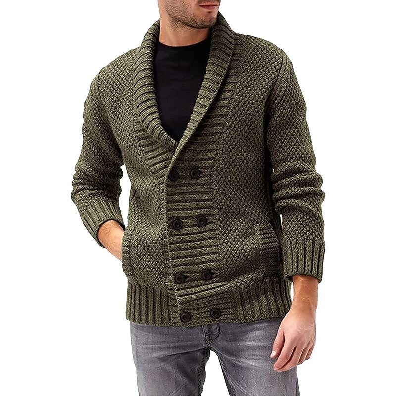 Men's solid color lapel double breasted long sleeve knit jacket 